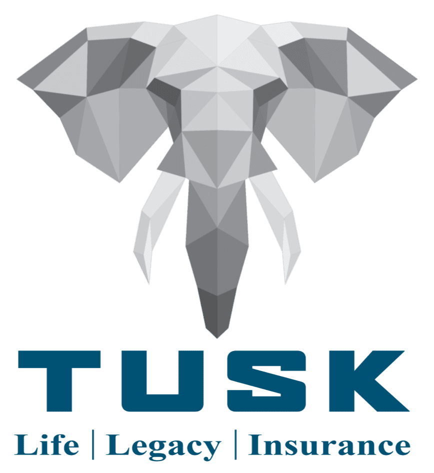 Geometric elephant head logo with tusks and 'TUSK Life Insurance' text.